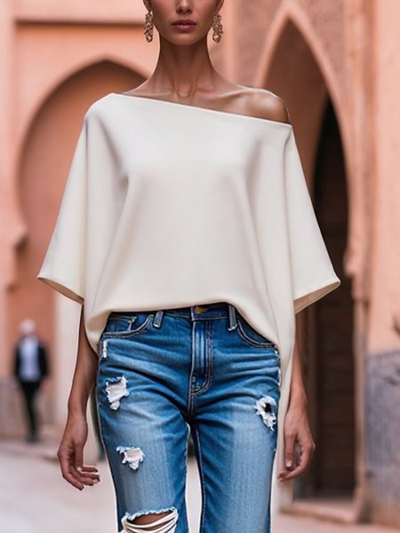 

Casual Loosen Asymmetrical Short In Front And Long In Back Blouse, Off white, Blouses and Shirts