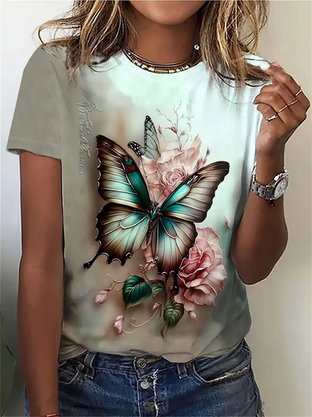 

Women's Floral Butterfly Spring Print Casual Round Neck Short Sleeve T-Shirt, As picture, T-shirts