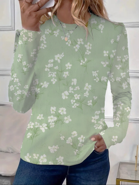 

Casual Floral Crew Neck Long Sleeve T-shirt, Green, T-shirts