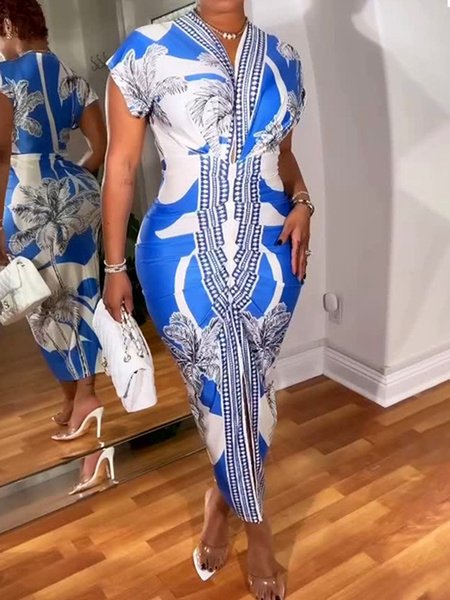 Urban Plants Printing V Neck Maxi Dress, White-blue, Maxi Dresses