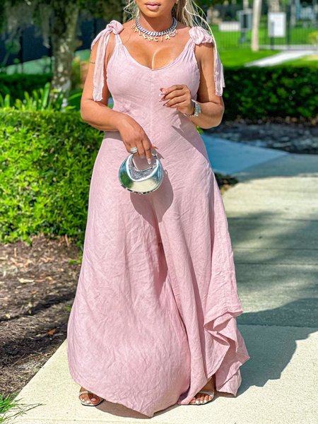 

Vacation Plain Lace-up Spaghetti Maxi Dress, Pink, Maxi Dresses