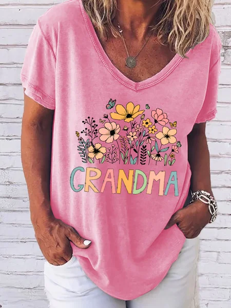 

Grandma Flower Casual Cotton-Blend V Neck T-Shirt, Pink, T-shirts
