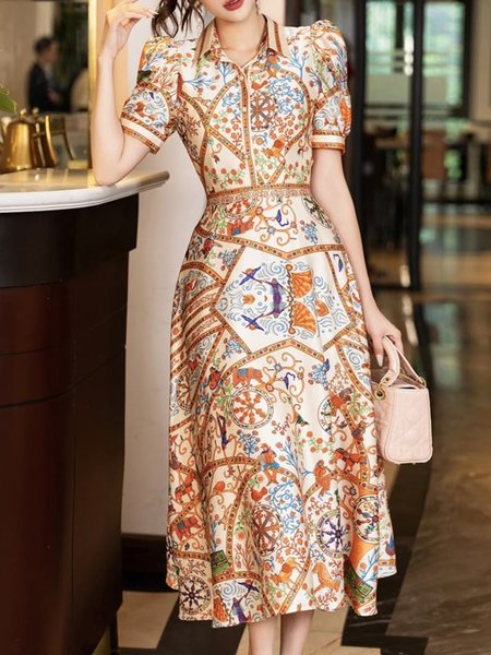 Urban Abstract Puff Sleeve Printing Shirt Collar Midi Dress, As picture, Midi Dresses