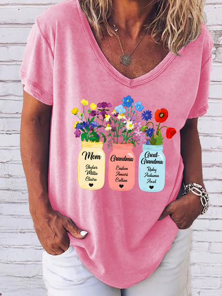 

Women's Personalized Grandma Flower Jar Loose Casual T-Shirt, Pink, T-shirts