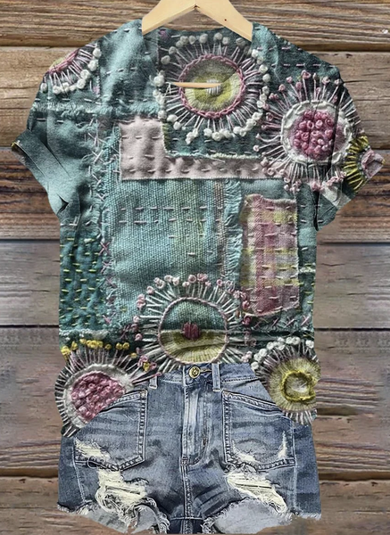 

Casual Geometric Crew Neck Short Sleeve T-shirt, Green, T-shirts