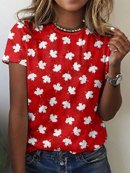 

Casual Geometric Crew Neck Short Sleeve T-shirt, Red, T-shirts