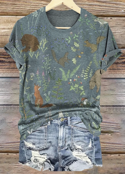 

Casual Floral Pattern Crew Neck Short Sleeve T-shirt, Green, T-shirts