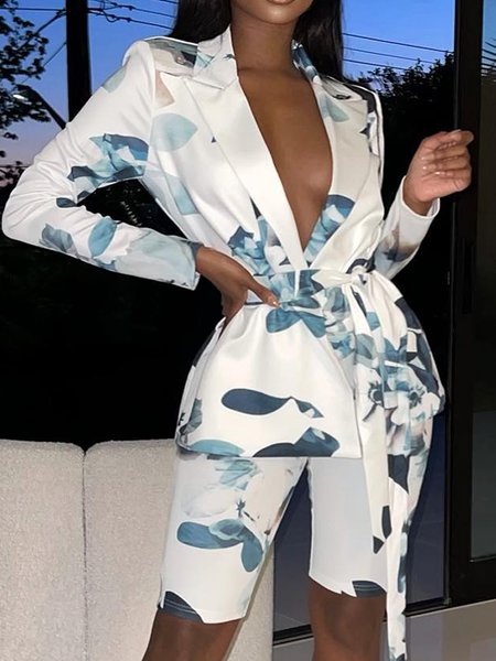 Urban Printing Floral Lapel Collar Blazer With Belt, White-blue, Blazers