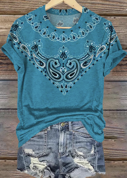 

Casual Geometric Crew Neck Short Sleeve T-shirt, Aqua blue, T-shirts
