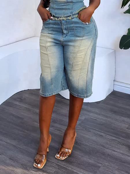 

Distressing Casual Plain Denim Shorts, Denim blue, Denim Shorts