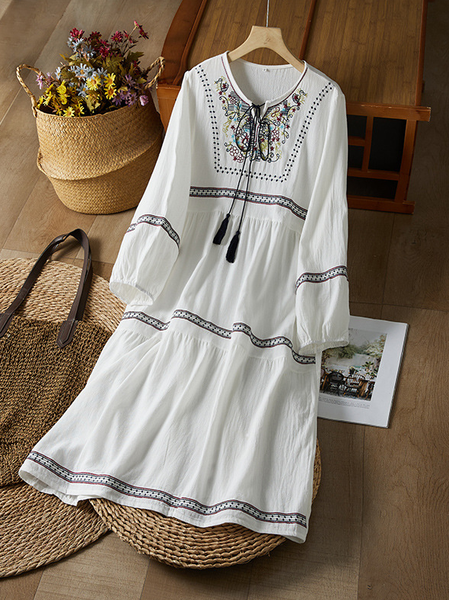 

Linen Embroidery Patterns Embroidery Crew Neck Maxi Dress, White, Midi Dresses