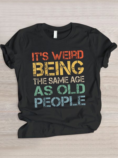 

Crew Neck Casual Cotton Text Letters T-Shirt, Black, T-shirts