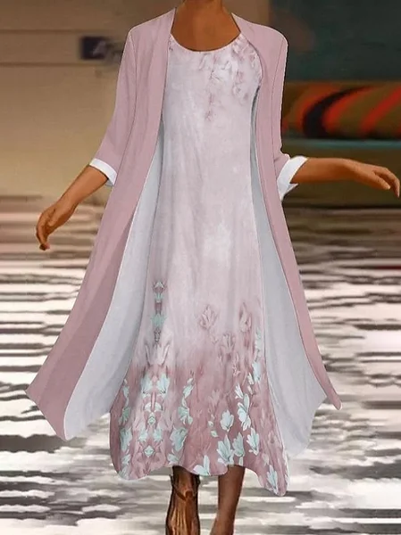 

Women Floral Crew Neck Three Quarter Sleeve Comfy Casual Printing Dress With Coat Two-Piece Set, Pink, Sets