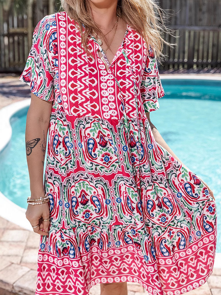 

Vacation Floral Printing V Neck Midi Dress, Pink, Midi Dresses