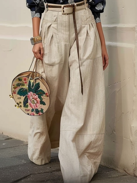 

Casual Plain Pockets Wide Leg Pants With Belt, As picture, Pants