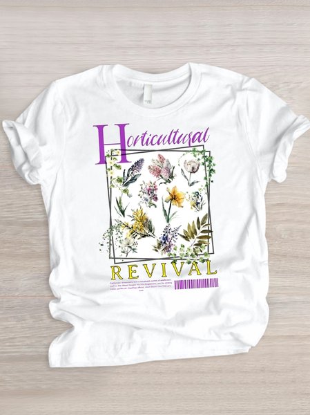 

Casual Floral Crew Neck Short Sleeve T-shirt, White, T-shirts