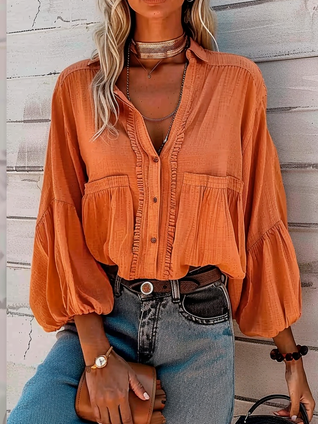 Cotton And Linen Linen Plain Shirt Collar Shirt, Orange red, Blouses & Shirts