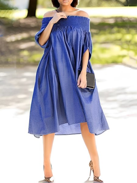 

Elegant Loosen Scramble Cold Shoulder Faux Denim Midi Dress, Blue, Midi Dresses