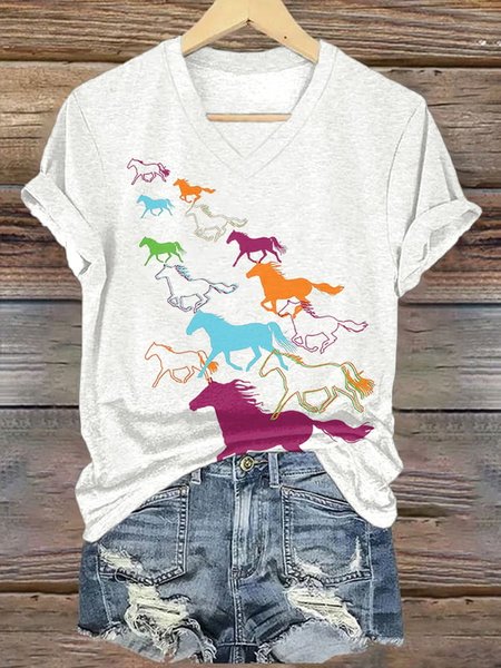

Women's Retro Horse Print V Neck Casual T-Shirt, White, T-shirts