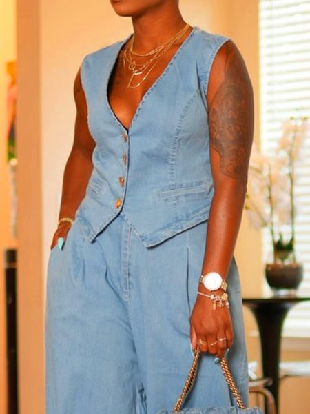 Urban Distressing Plain V Neck Vest, Blue, Vests and Gilets