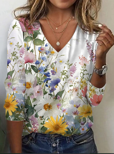 

Women's Floral Spring Print Casual V-Neck Long Sleeve T-Shirt, As picture, Long sleeves