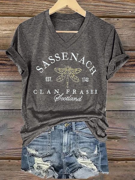 

Women's Sassenach Est.1743 Clan Fraser Outlander Printed V-Neck T-Shirt, Gray, T-shirts