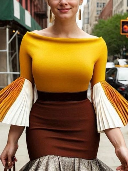 

Elegant Color Block Split Joint Off The Shoulder Bell Sleeve Blouse, White-yellow, Blouses and Shirts