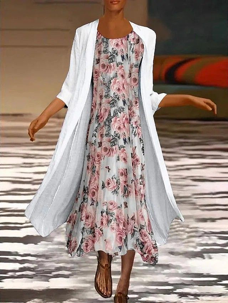 

Women Floral Printing Two-Piece Set Daily Three Quarter Sleeve Casual Spring/Fall Dress With Coat Matching Set, As picture, Suit Set