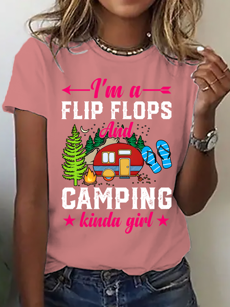 

I'm A Flip Flop And Camping Kinda Girl Cotton T-Shirt, Orange pink, T-shirts