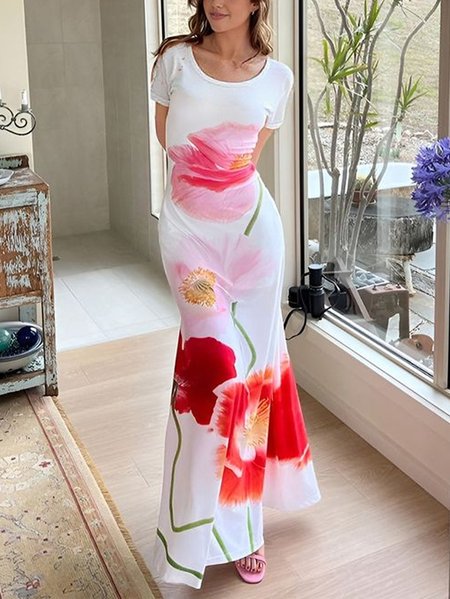 

Vacation Floral Printing Crew Neck Maxi Dress, White, Maxi Dresses