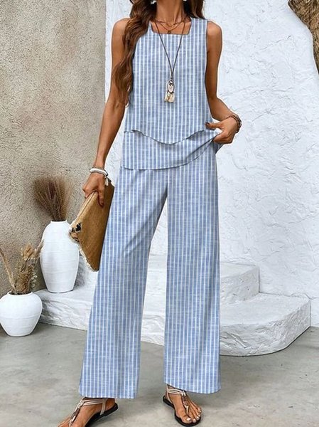

Women Striped Crew Neck Sleeveless Comfy Casual Top With Pants Two-Piece Set, Blue, Sets
