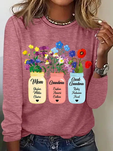 

Personalized Grandma Flower Jar Casual Long Sleeve Shirt, Watermelon, Long sleeves