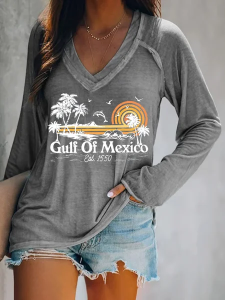 Women's Gulf Of Mexico Print V Neck T-Shirt, Gray, Long sleeves