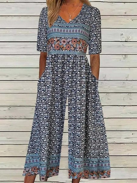 

Women's 3D Printing V Neck Half Sleeve Vintage Summer Jumpsuit, As picture, Jumpsuits＆Rompers