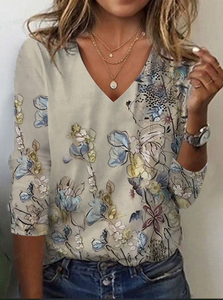 

Women's Floral Long Sleeve Tee T-shirt V Neck Printing Casual Spring/Fall Graphic Tee Top, Khaki, T-Shirts