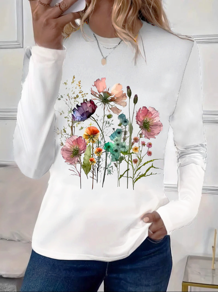 

Casual Floral Print Crew Neck Long Sleeve T-shirt, White, T-shirts
