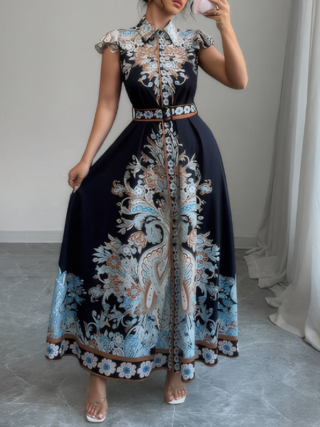 

Vacation Floral Ruffle Sleeve Shirt Collar Maxi Dress With Belt, As picture, Maxi Dresses