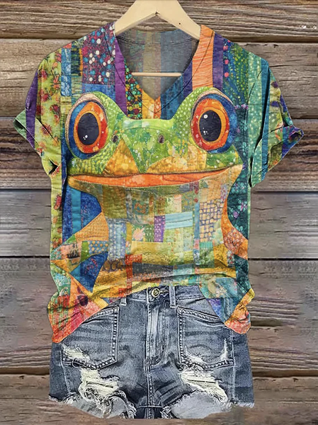 

Casual Animal V Neck Short Sleeve T-shirt, Yellow, T-shirts