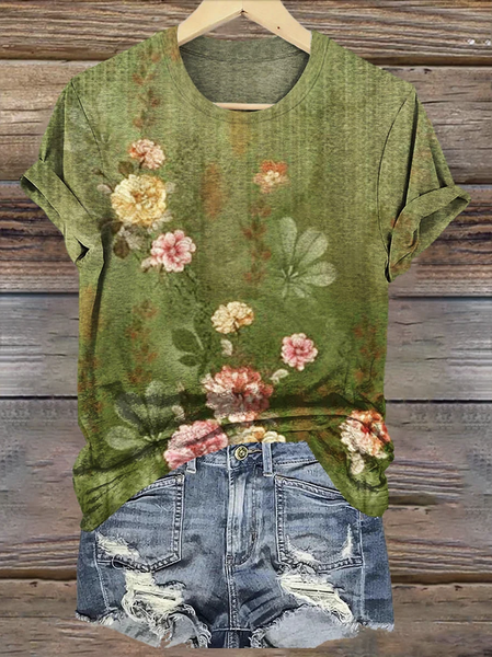 

Casual Floral Crew Neck Short Sleeve T-shirt, Green, T-shirts