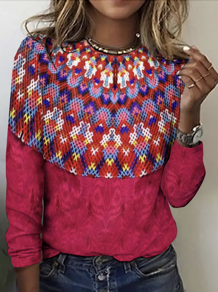

Casual Geometric Crew Neck Long Sleeve T-shirt, Red, T-shirts