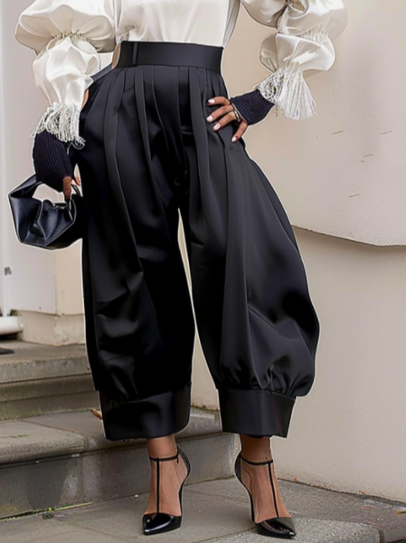 Casual Plain Buttoned Bloomers Fashion Pants, Black, Pants