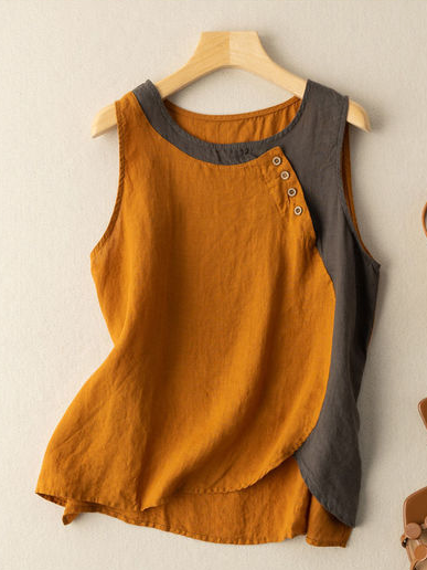 

Cotton And Linen Vacation Plain Crew Neck Tank Top, Orange, Tank Tops & Camis