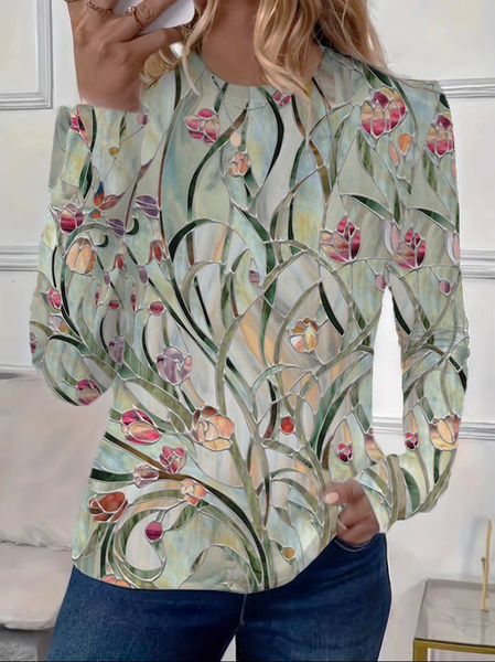 

Casual Floral Crew Neck Long Sleeve T-shirt, Green, T-shirts