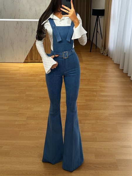 

Casual Plain Denim Bib Pants, Denim blue, Jumpsuits