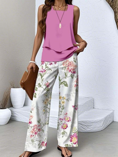 

Crew Neck Regular Fit Floral Casual Two-Piece Set With No, Pink, Two-pieces