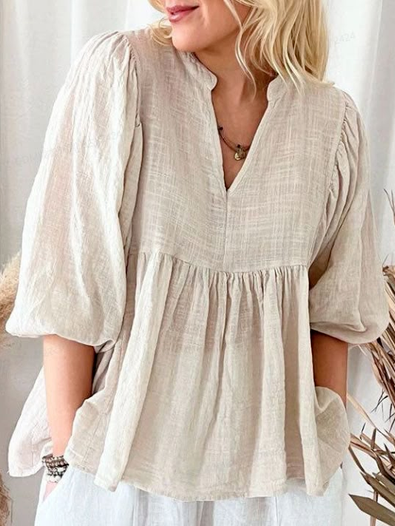 

Cotton And Linen Linen Plain V Neck Blouse, Apricot, Blouses & Shirts