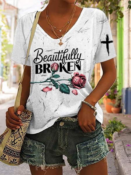 

Women's Beautifully Broken: Strength in Imperfection V Neck Casual T-Shirt, White, T-shirts