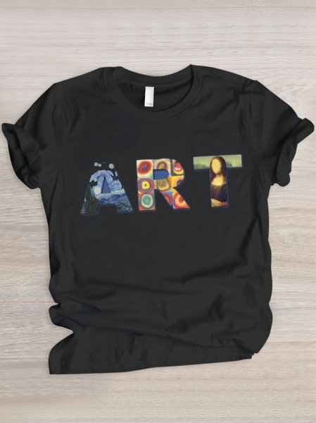 

Casual Geometric Crew Neck Short Sleeve T-shirt, Black, T-shirts