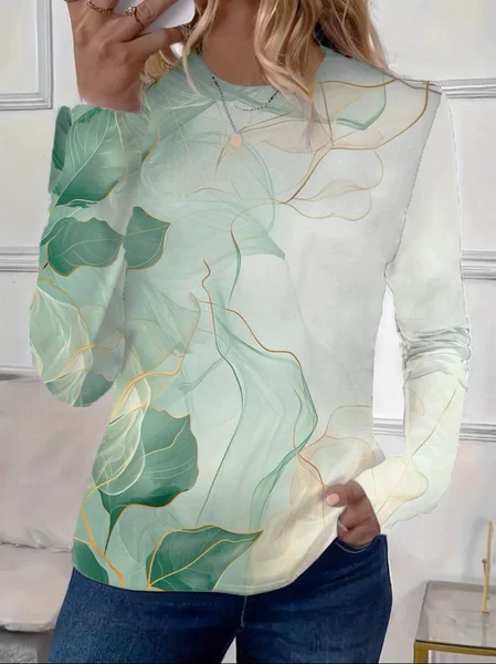

Women's Floral Long Sleeve Tee T-shirt Crew Neck Printing Casual Spring/Fall Graphic Tee Top, Green, T-Shirts