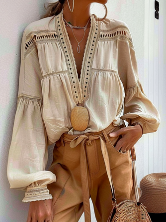 

Cotton And Linen Linen Plain Lace V Neck Blouse_, Apricot, Blouses & Shirts